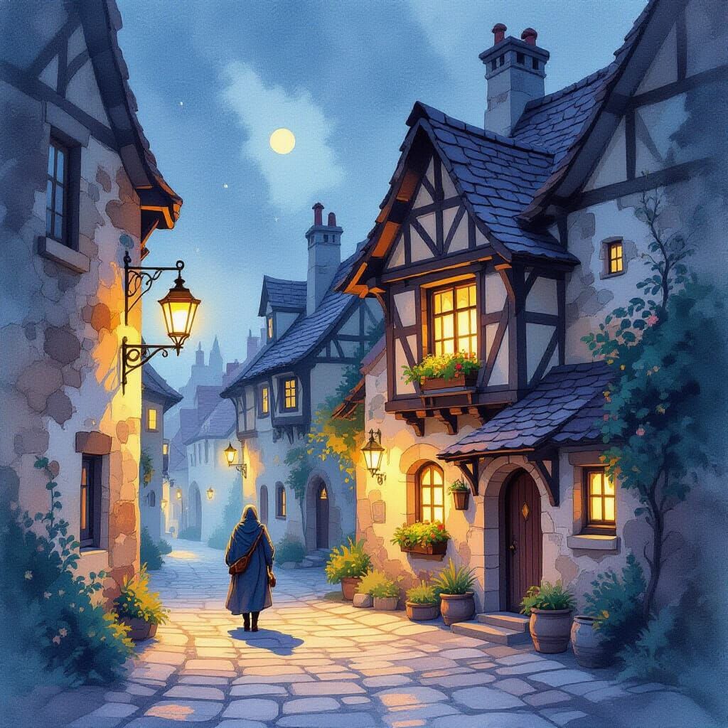 Lone Traveler in Soft Pastel Watercolor Medieval Street