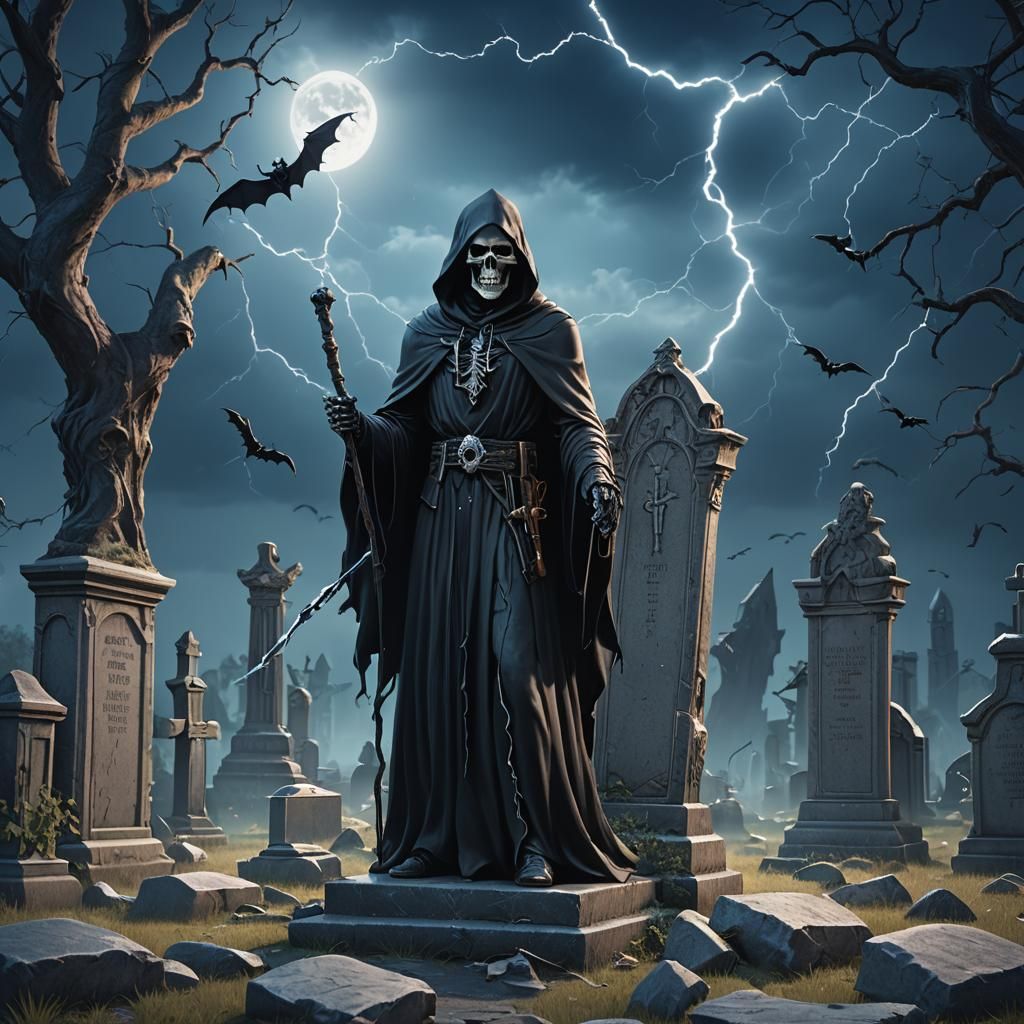 Grim Reaper by Gravestone with Bats and Lightning
