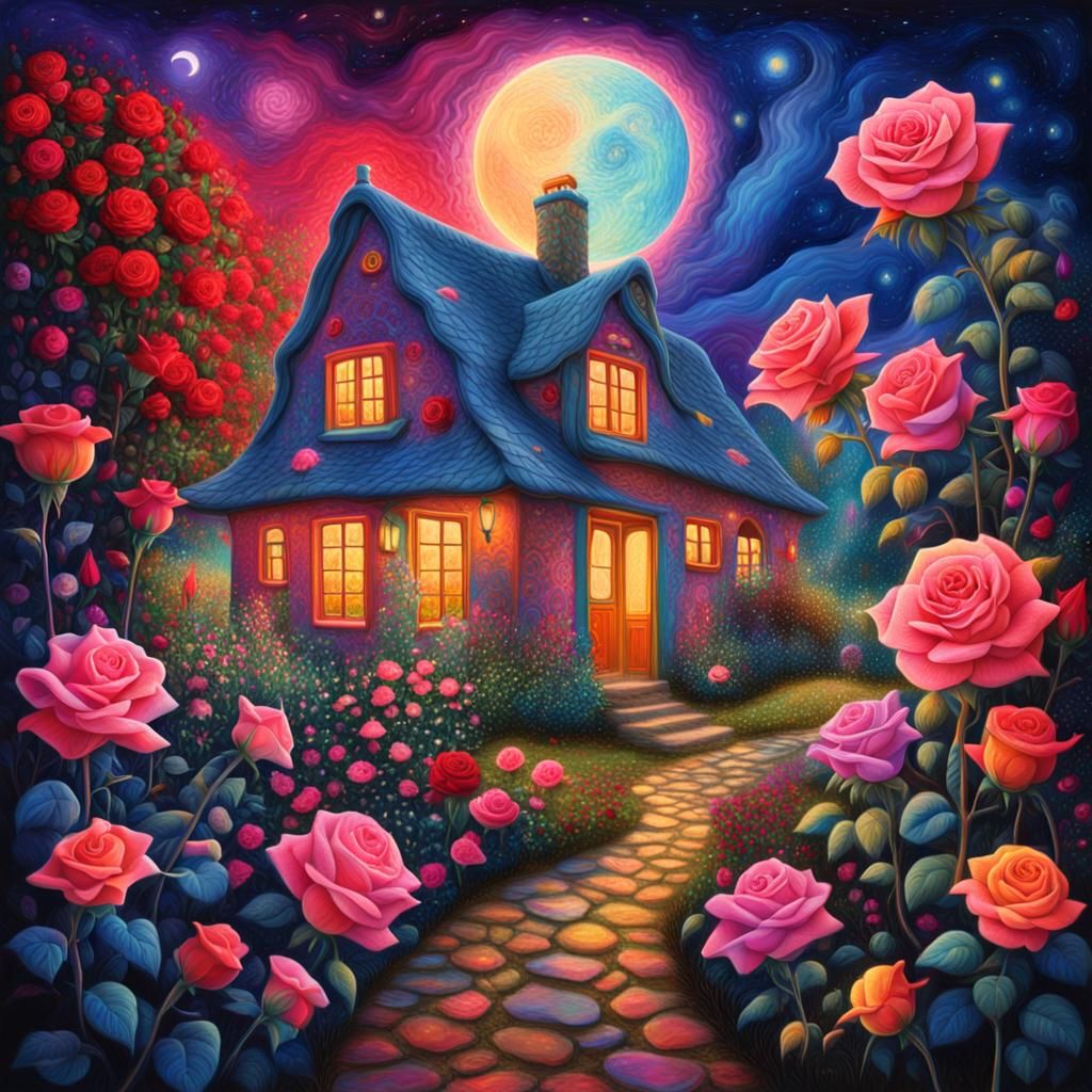 Cosmic Cottage with Roses Under the Moon