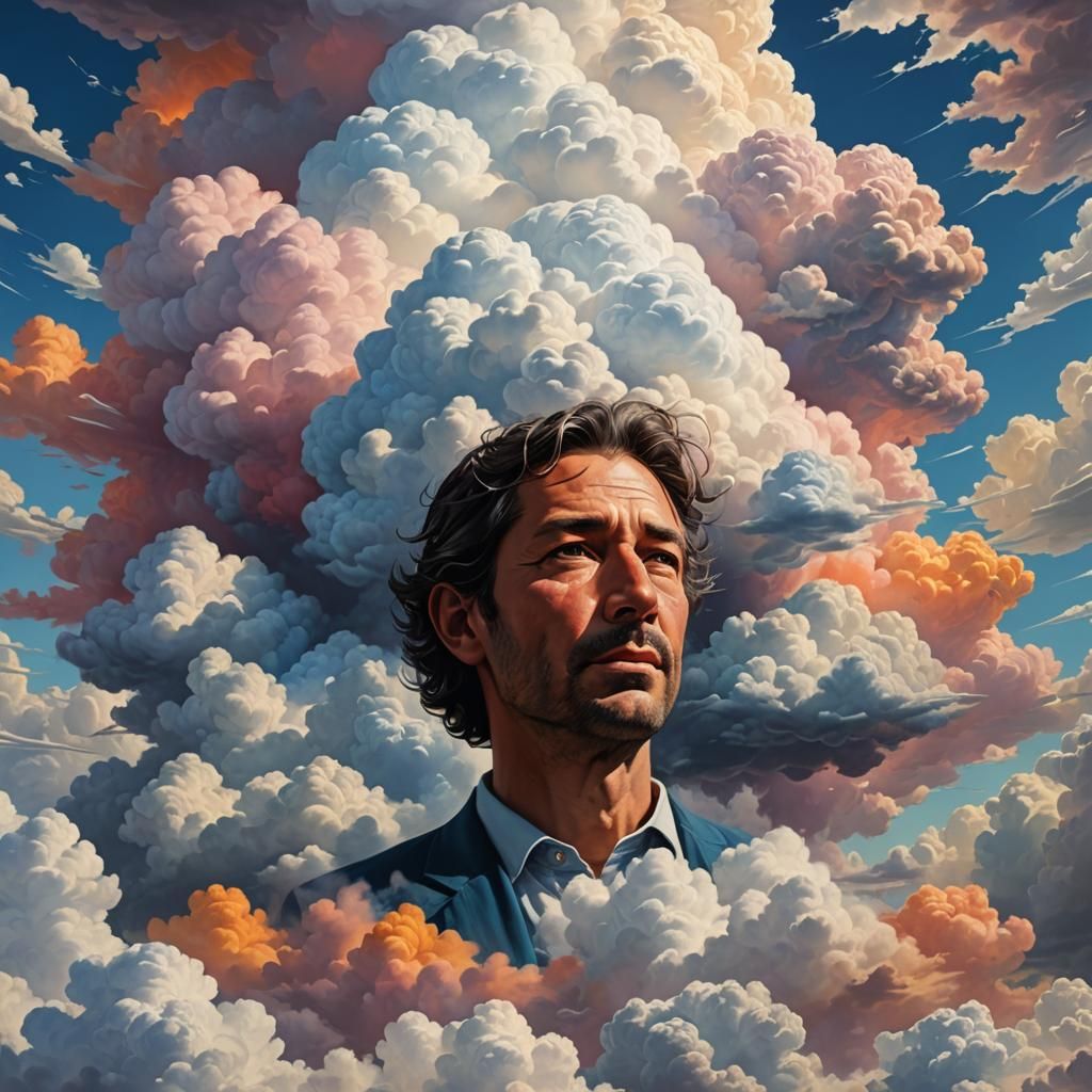 Hyperrealistic Portrait of a Man Speaking From a Cloud