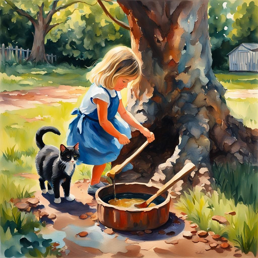 Girl and Kitten Making Mud Pies as Gouache Painting