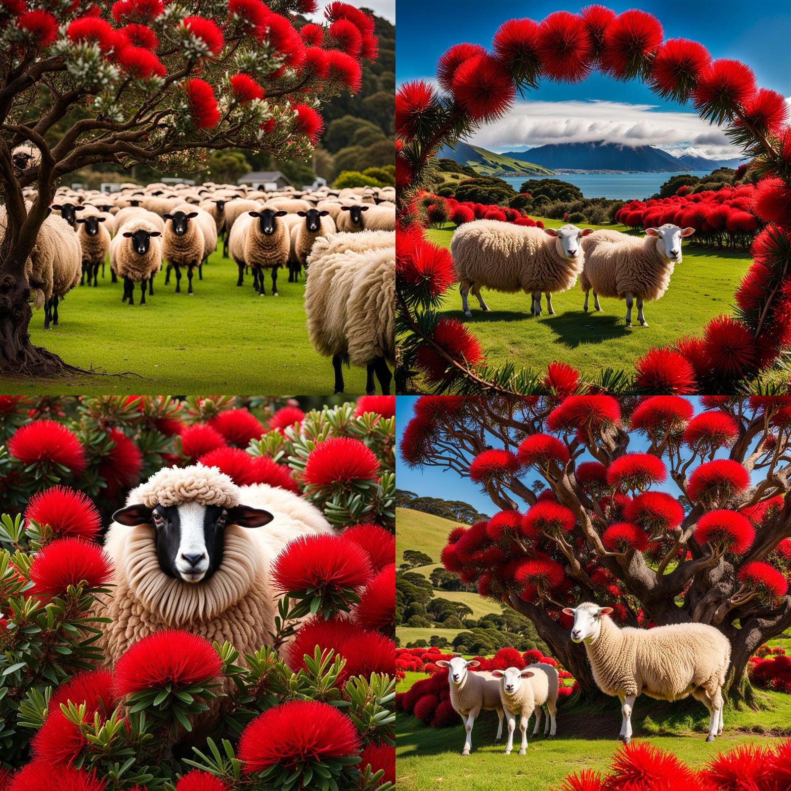 New Zealand Christmas: Pohutukawa Bloom with Sheep