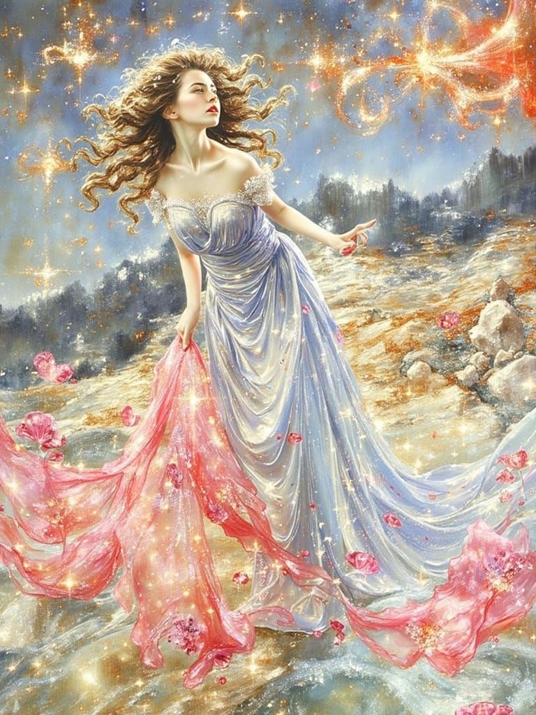 Ethereal Woman in Flowing Gown Under Celestial Sky