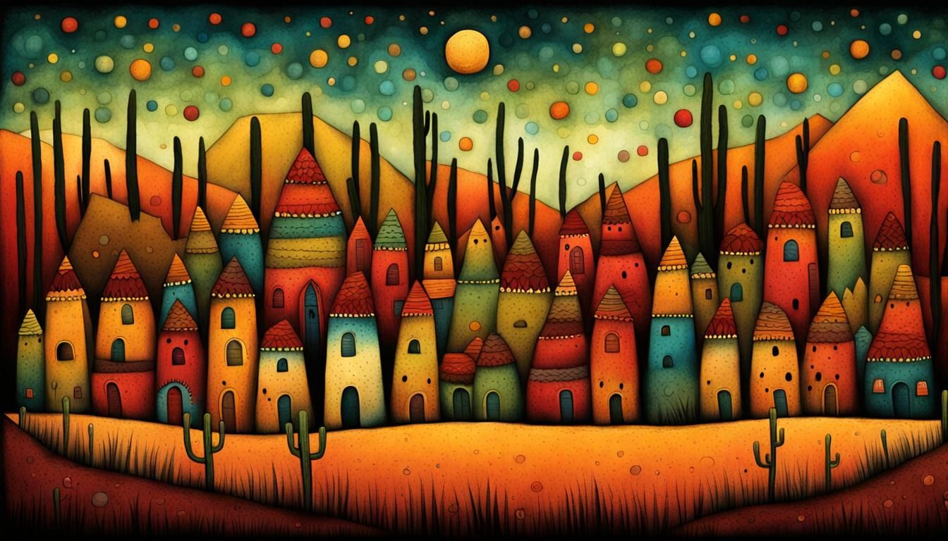 Mexican Village in Summer, Surreal Folk Art