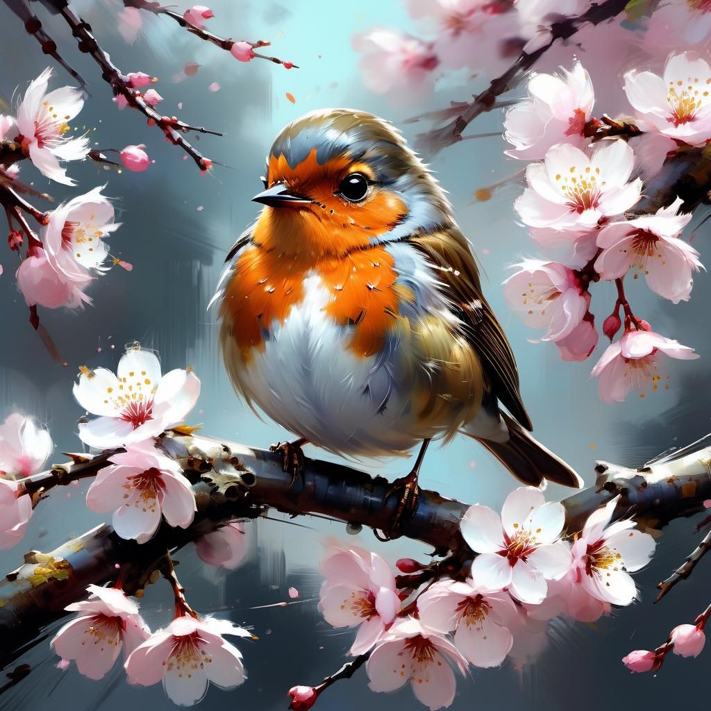 Chibi Robin on Cherry Blossom Branch Fine Art