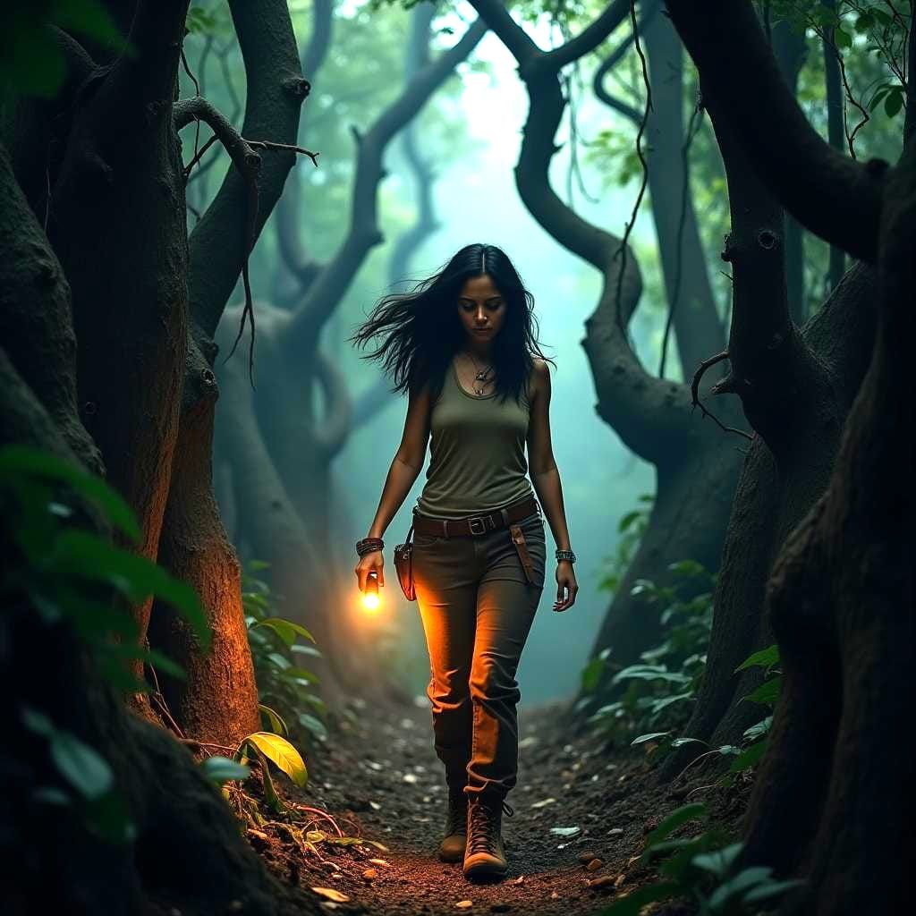Woman Walking Through Dark Jungle at Night