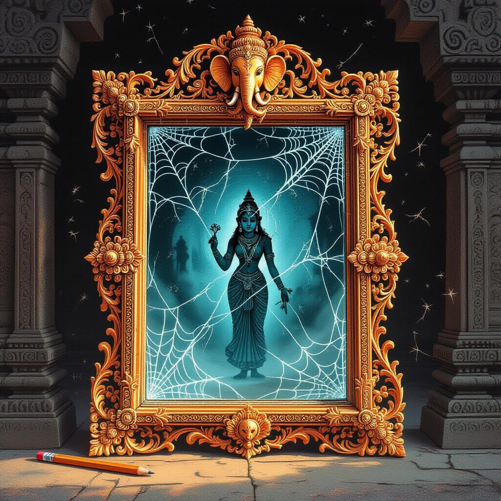 Antique Mirror with Mythological Carvings in Faint Luminesce...