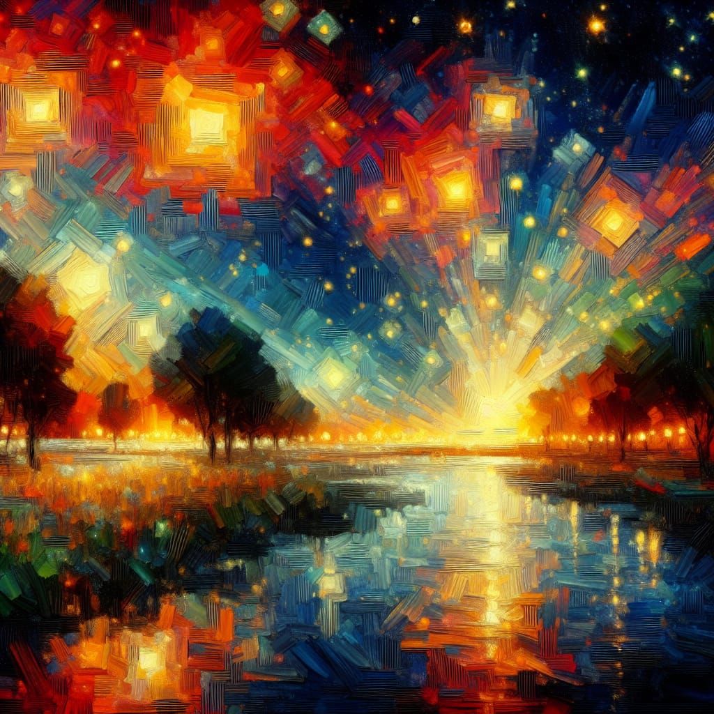 Geometric Shapes Radiate in Night Sky: Neo-Impressionist Oil...