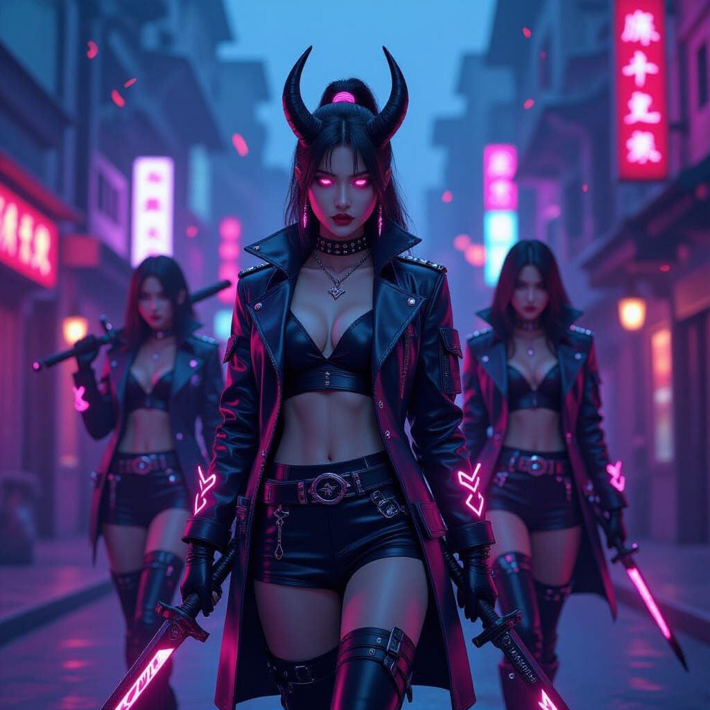 K-Pop Inspired Demon Hunters in Neon Cityscape