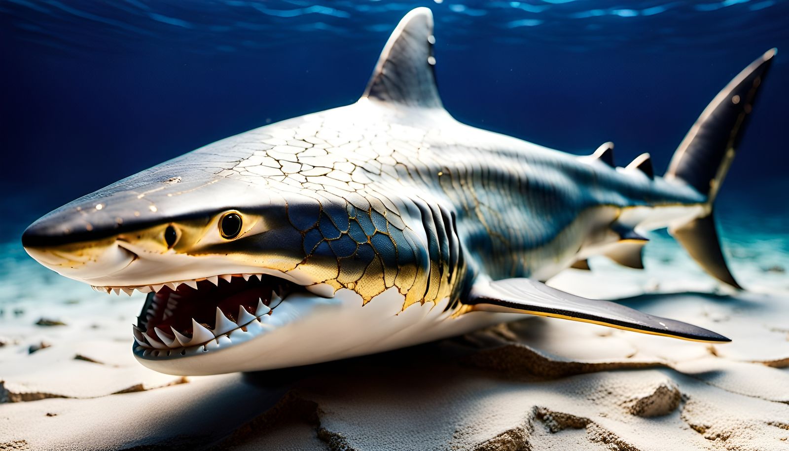 Kintsugi Porcelain Shark Swimming in Deep Sea