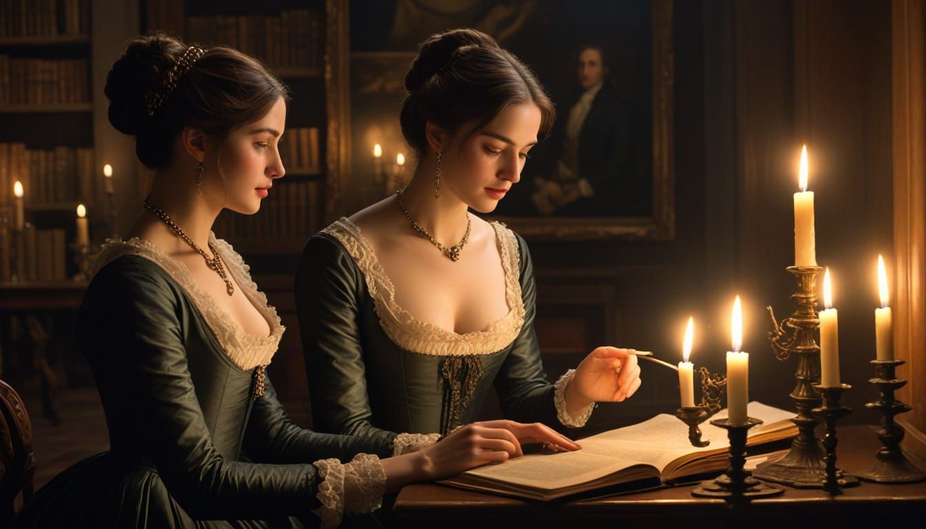 Romantic 19th Century Scene in Candlelit Library