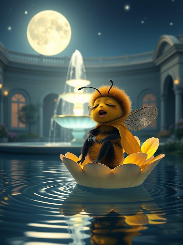 Sleepy Bumblebee on Flower Boat, Pixar CGI Style