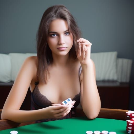 Young Woman Playing Cards at Dinner Table
