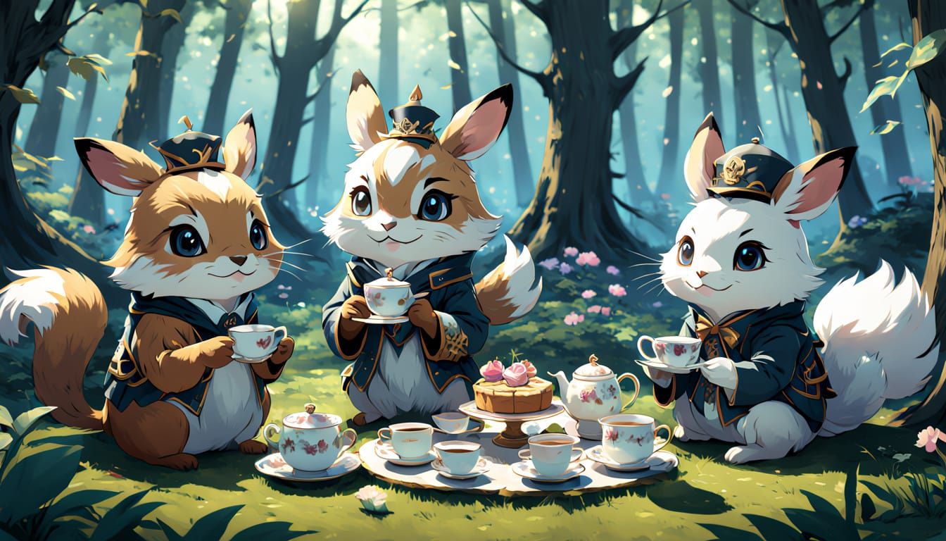 Cartoon Animals' Whimsical Forest Tea Party: 3D Anime Art