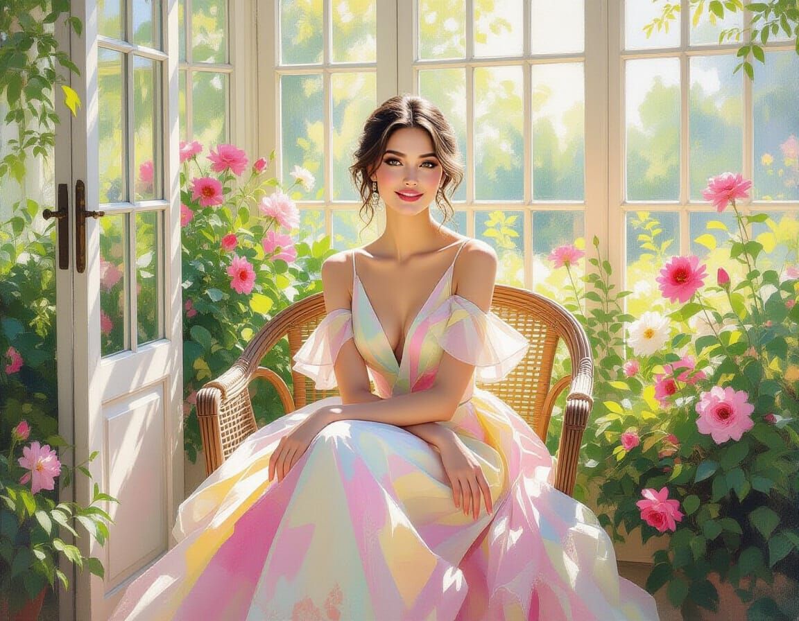 Woman in Sunlit Conservatory, Rococo Impressionism