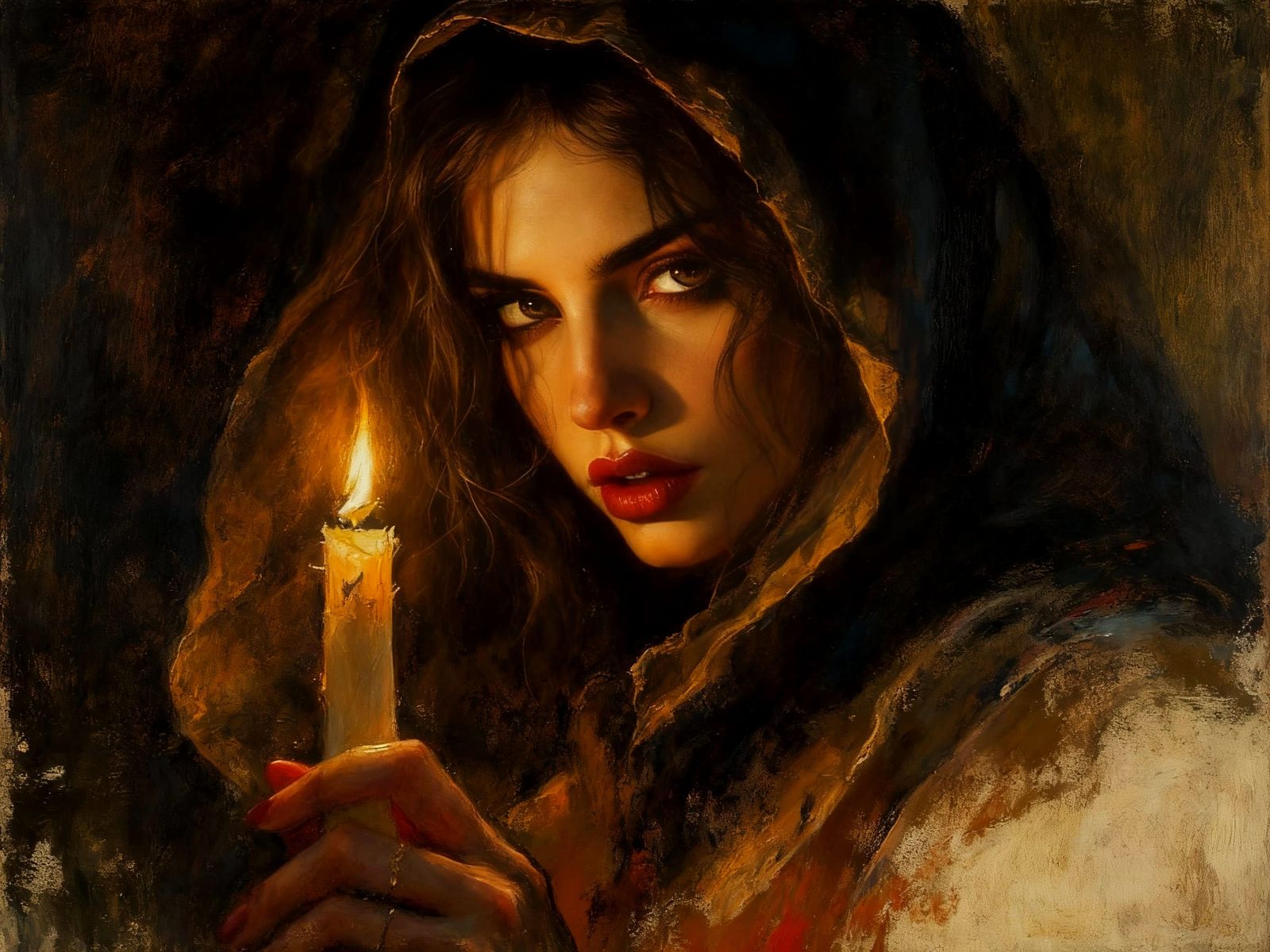Mysterious Woman Lit by Candlelight, Mixed Media