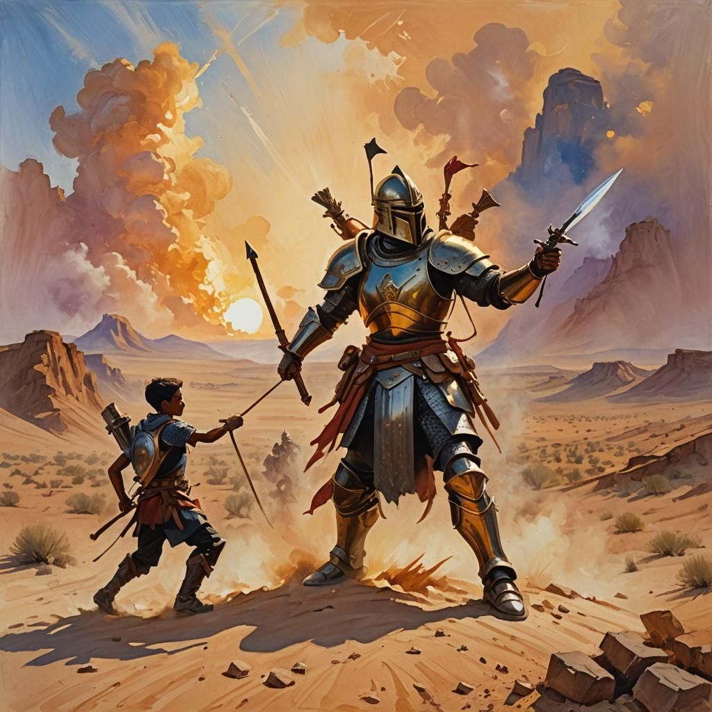 Epic Desert Battle in Gouache Impressionist Style