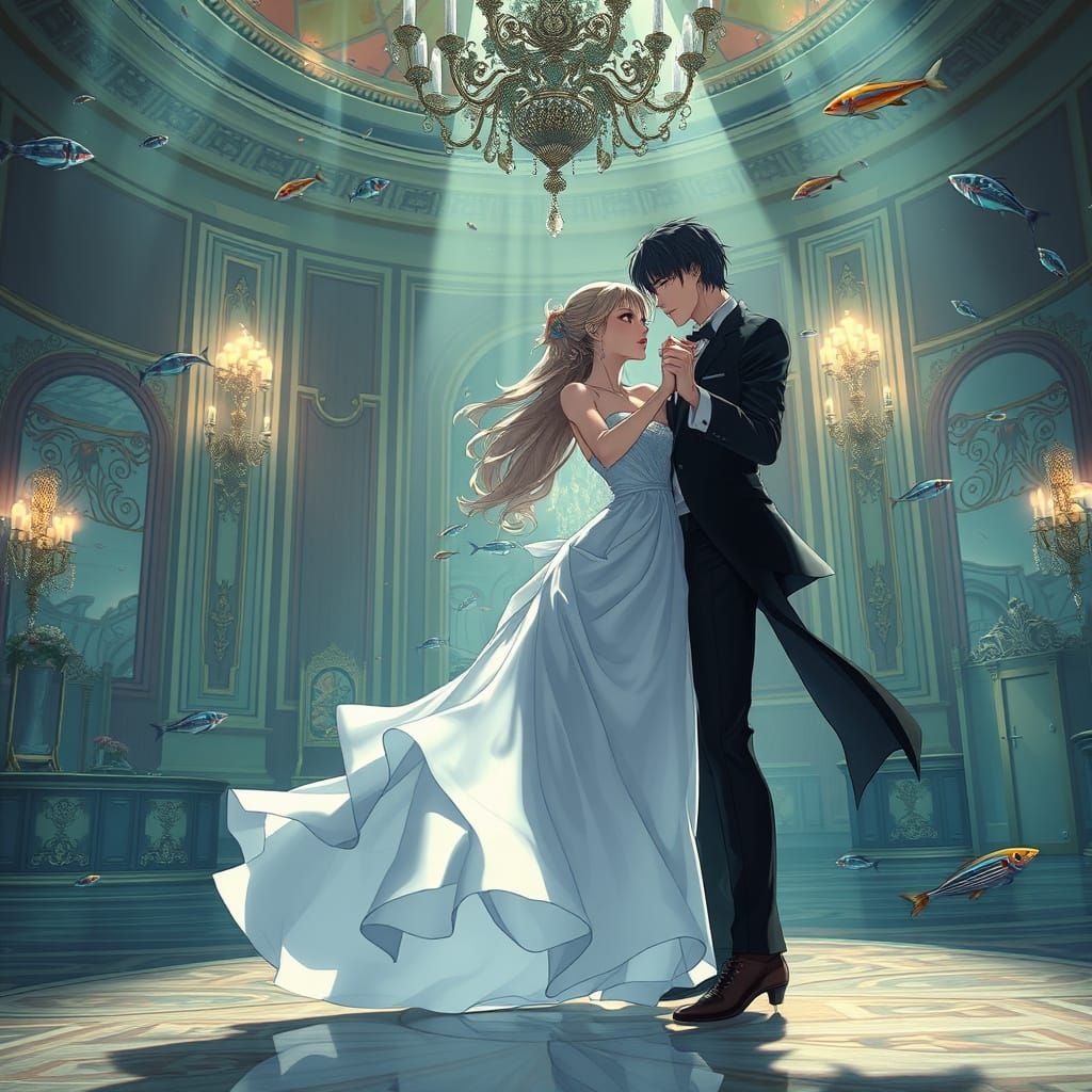 Romantic Underwater Waltz in Cyberpunk Style