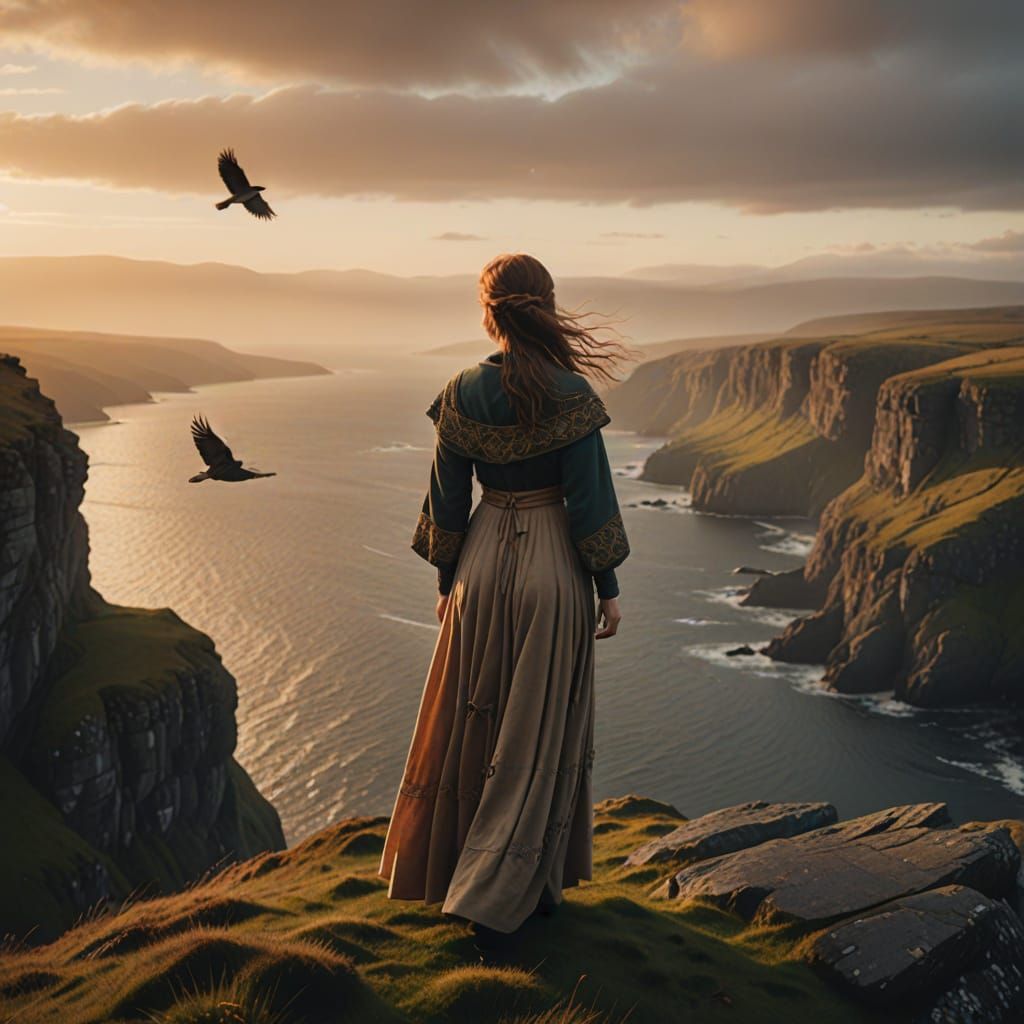 Majestic Celtic Woman Gazing at Bird in Scotland's Cliffs