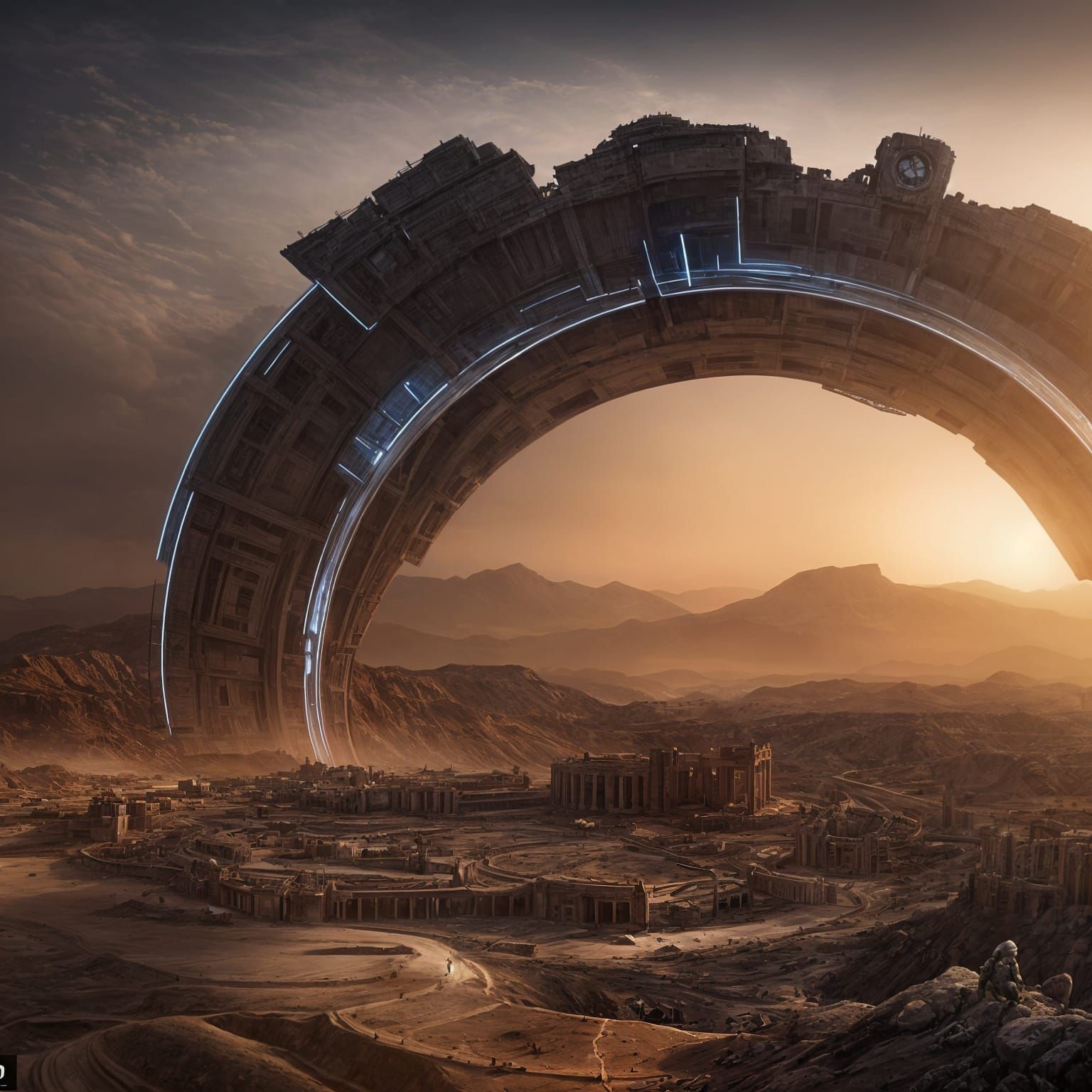 Epic Futuristic Time Portal Ruins in a Desert Landscape