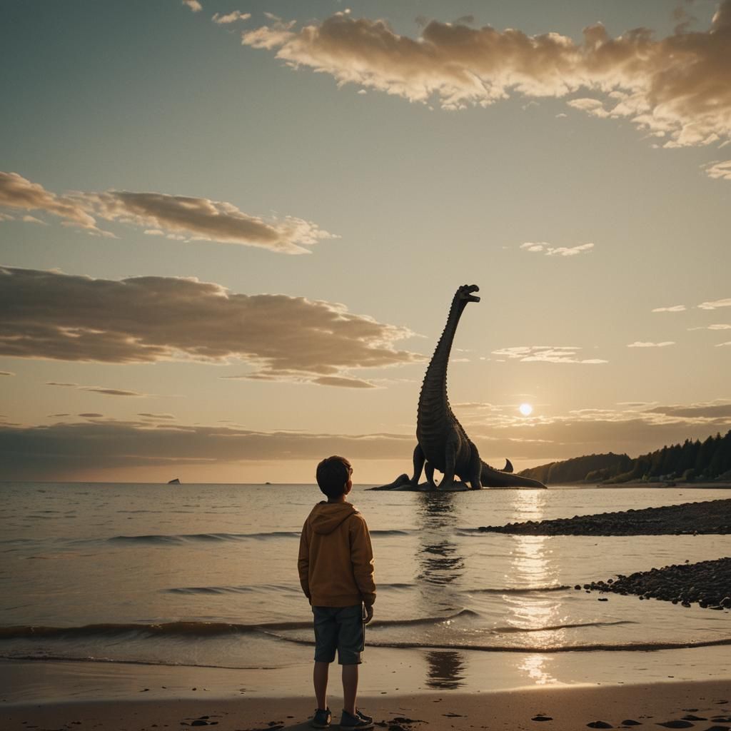 Boy and Loch Ness Monster in Cinematic Style