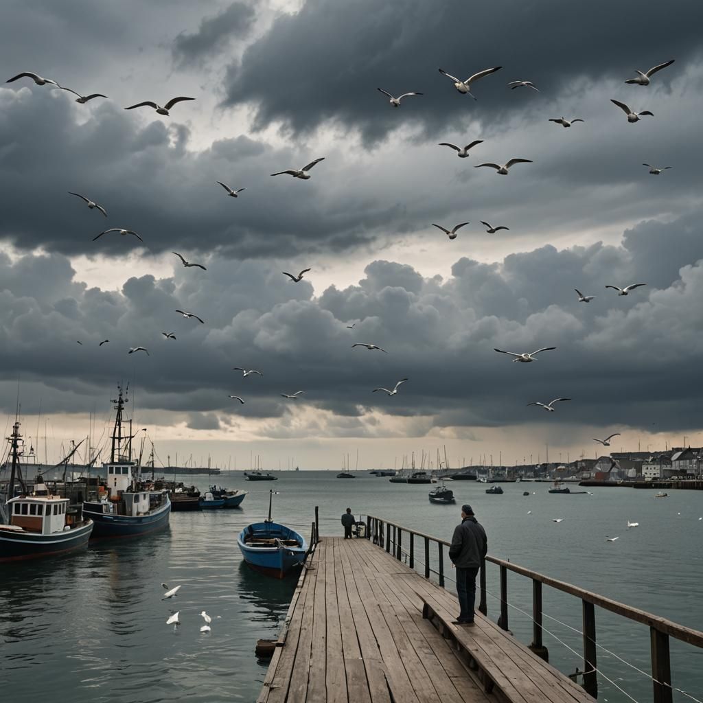Solitary Figure Contemplates Sea in Port Town