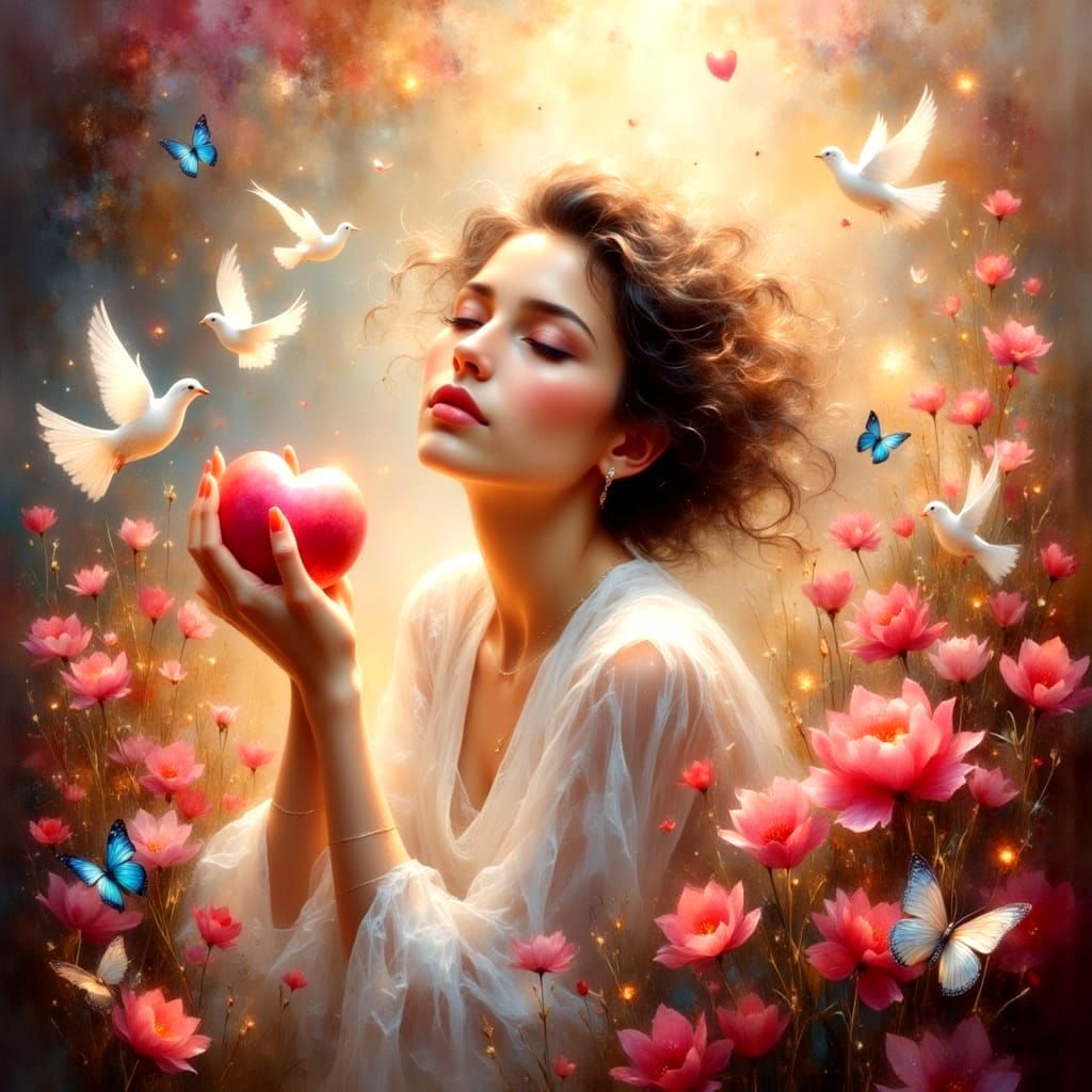 Ethereal Dreamscape of Peace, Light, and Hearts