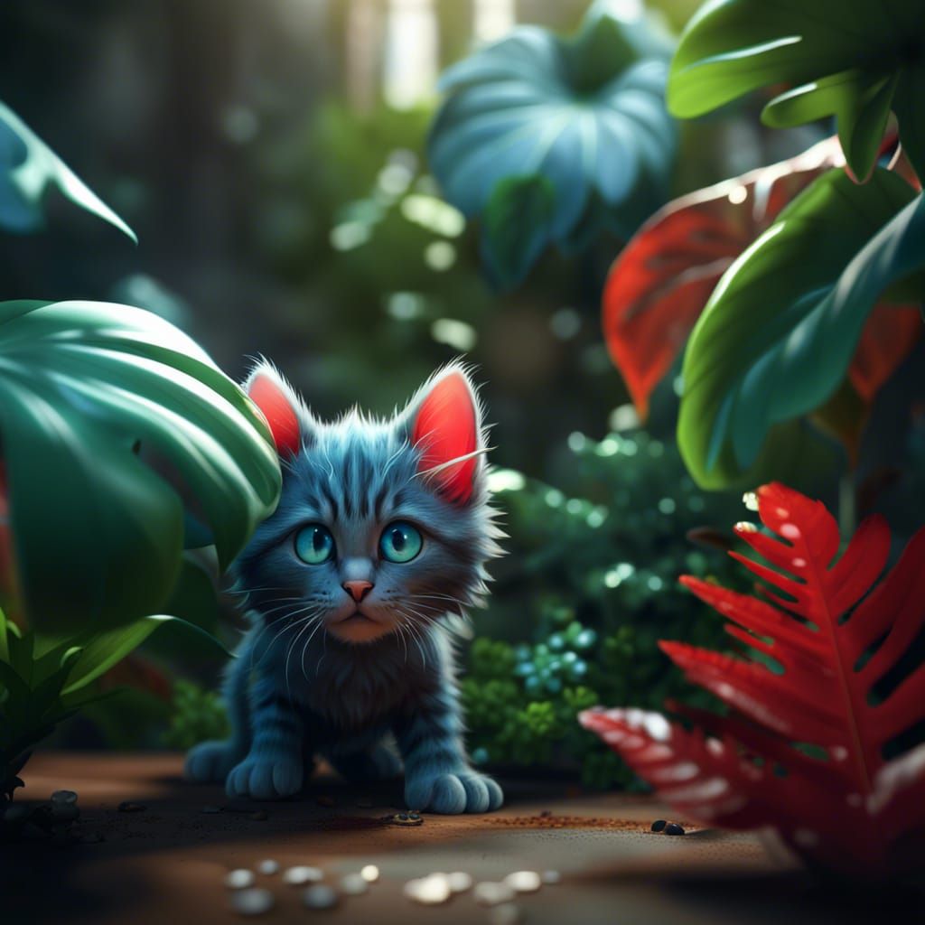 Kitten Exploring Monstera Plant in Detailed Matte Painting