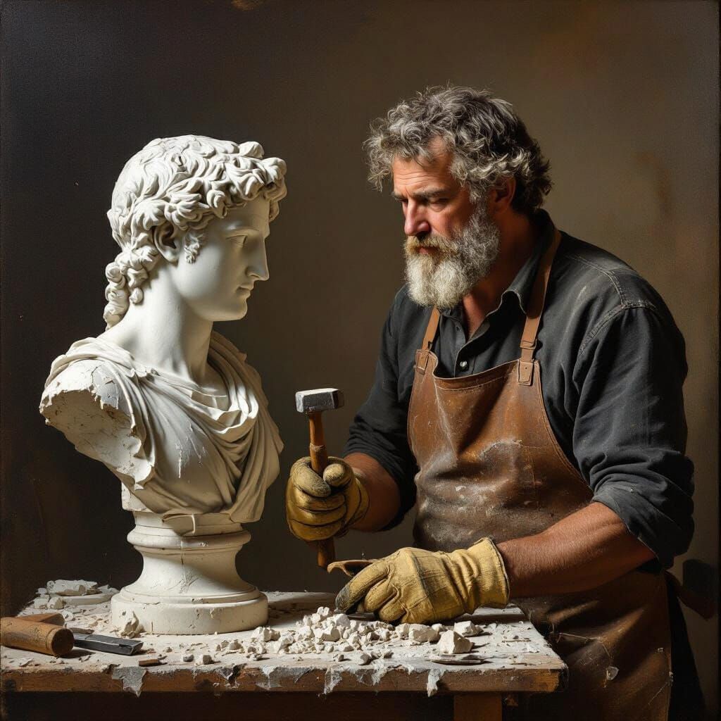 A weathered sculptor in a leather apron and worn gloves, gazes intently at an unfinished marble bust of Apollo, the text...
