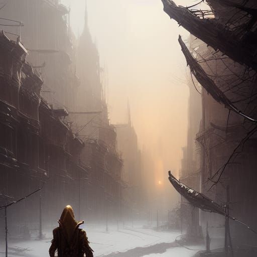 Golden Skeleton in Grey Wasteland: Dark Fantasy Art