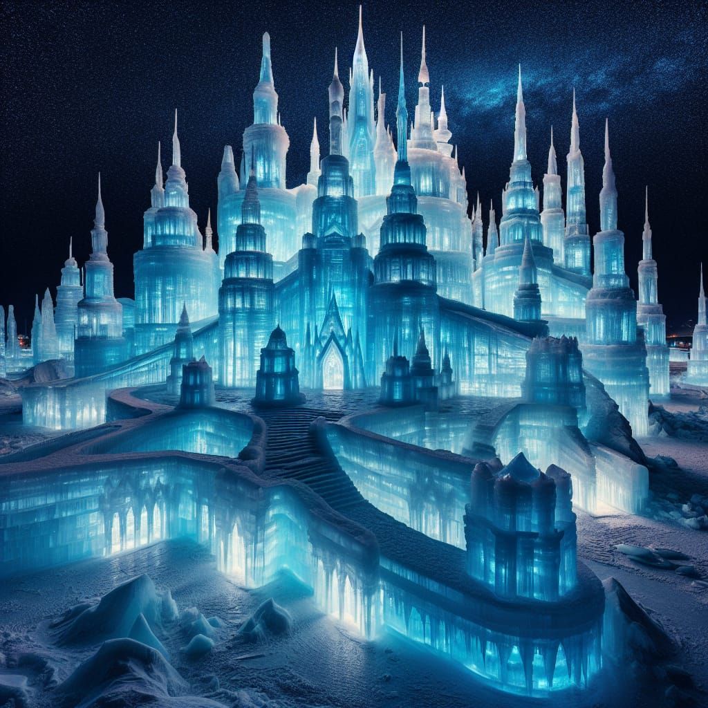 Magical Ice City Radiates in the Winter Night