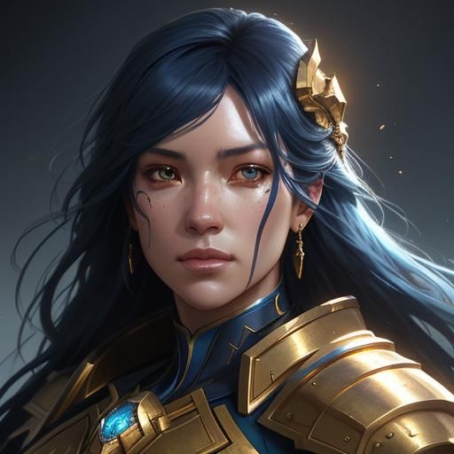 Armored Girl Portrait in Gold and Blue, Detailed Art