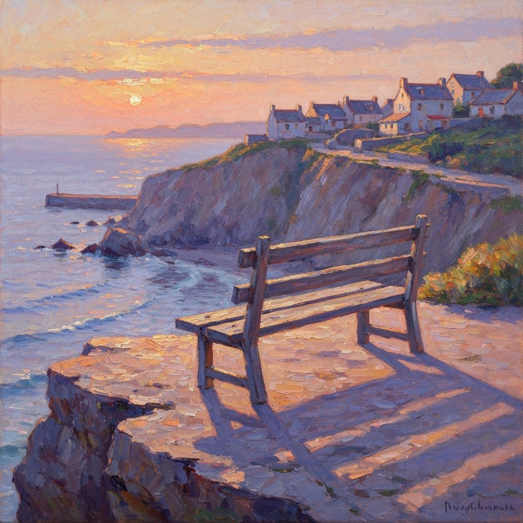Impressionist Cliffside Bench Overlooking Seaside Village at...
