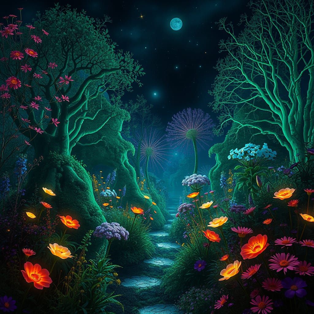 Bioluminescent Garden Drifting Through Stygian Abyss