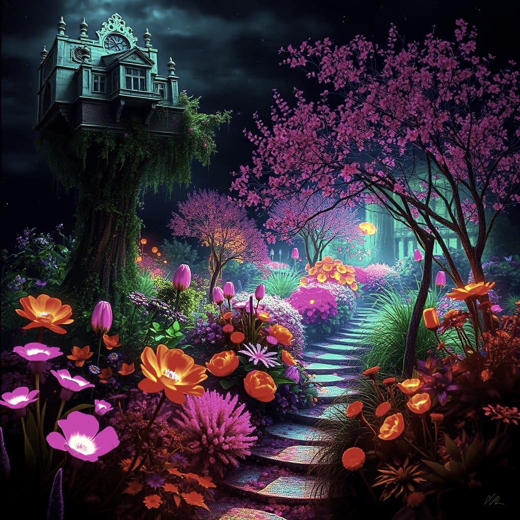 Bioluminescent Garden Drifting Through Abyss: Digital Painti...