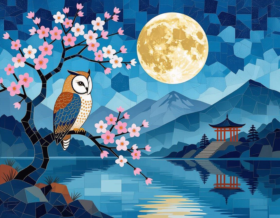 Sumi-e Owl Perched on Sakura Tree Under Moon
