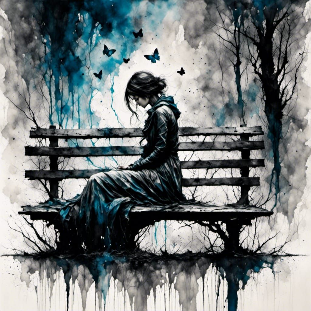 Sad Girl in Rainy Park as Mixed Media Art