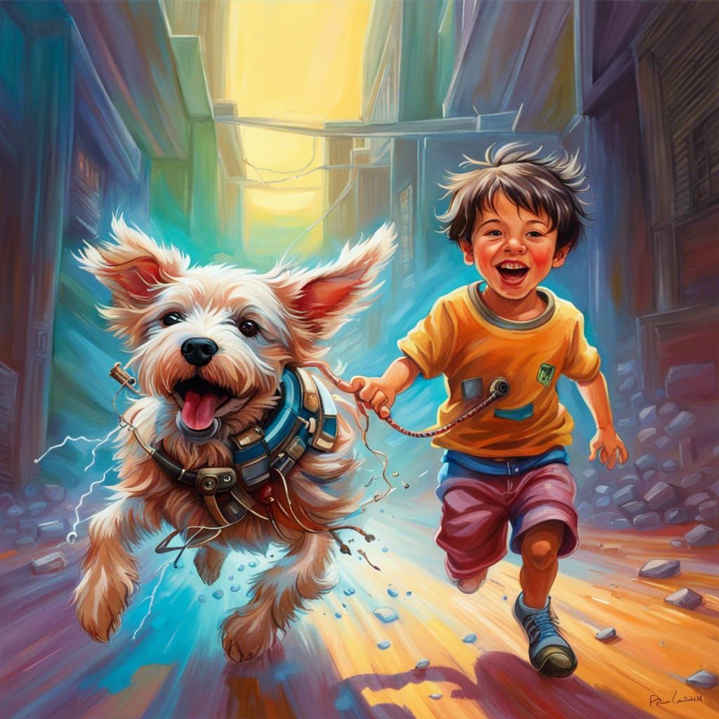 Boy and Robot Dog in Hyperrealistic Style