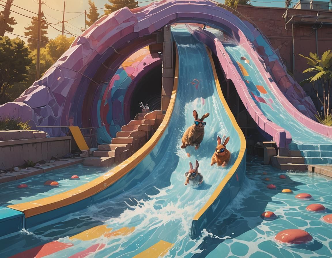 Rabbits on a Waterslide in Playful Style