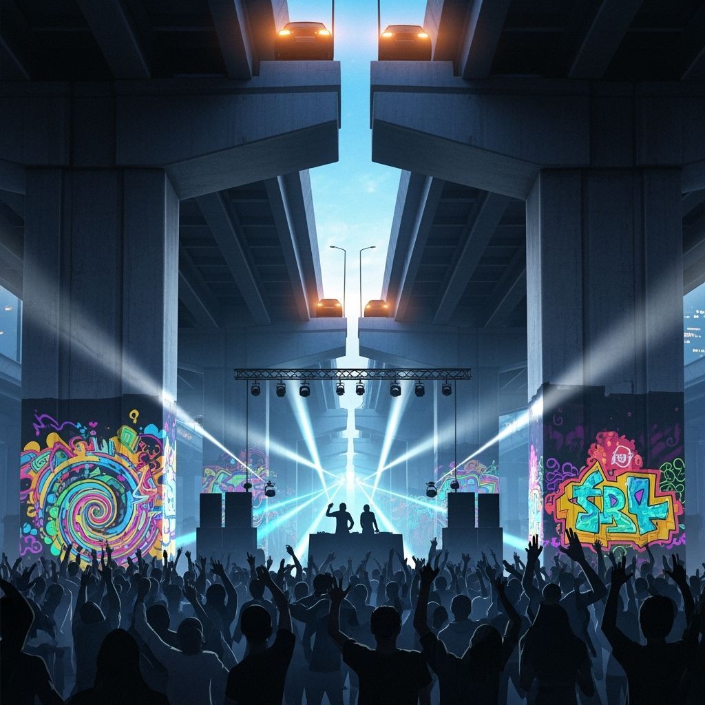 Neon Rave Under Brutalist Overpass in Cyberpunk Style