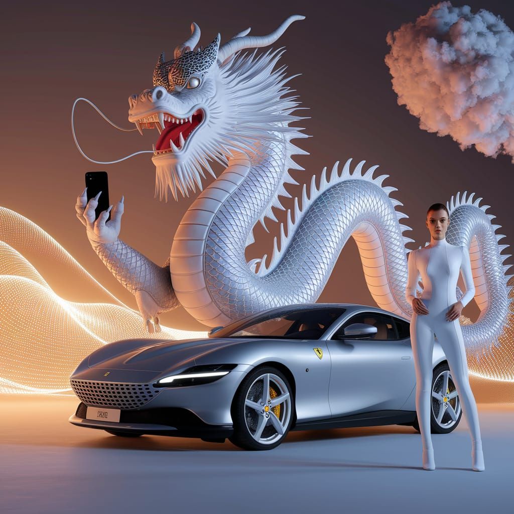 Silver Ferrari Roma Meets Chinese Dragon in Golden Light