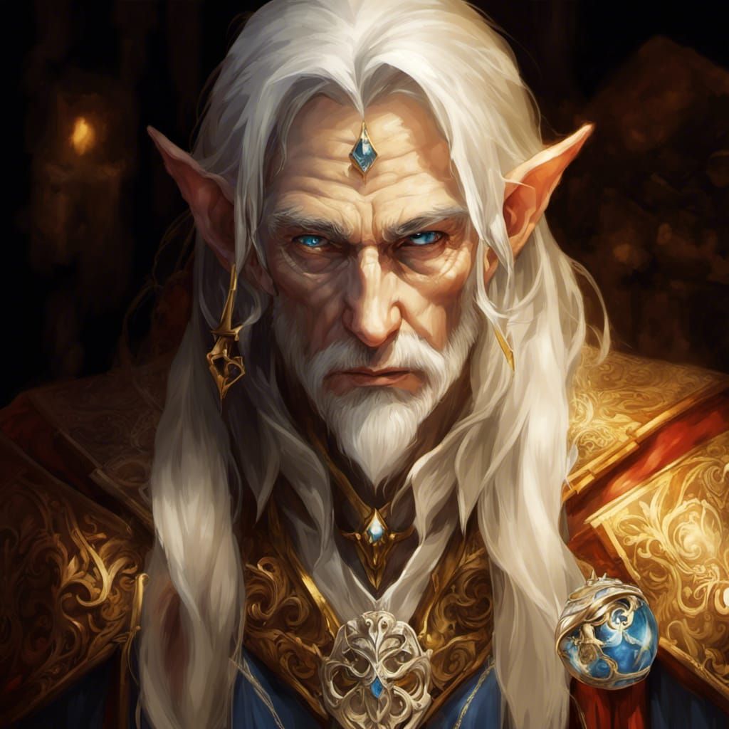 Aloof Silver-Haired Elf Wizard in Blue Gown