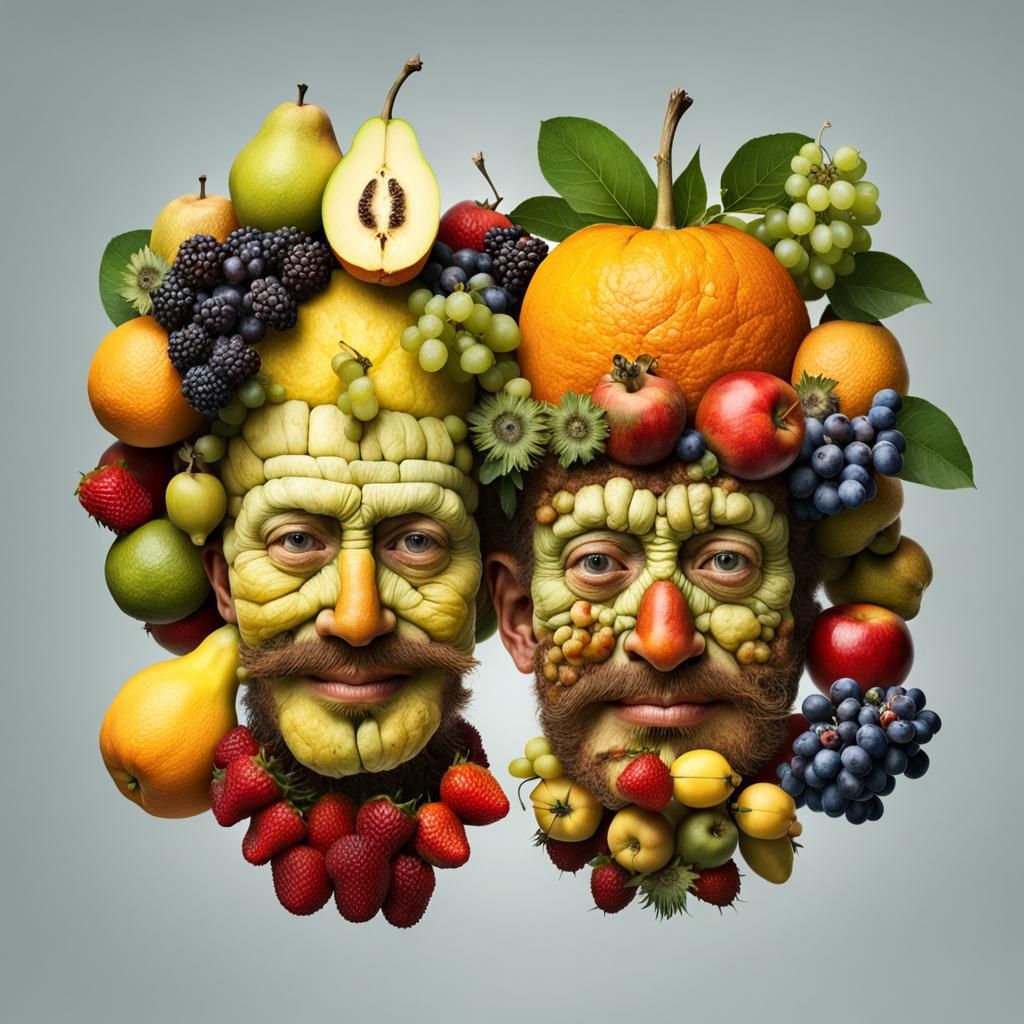 Isolated fruits making a human face, portrait by Giuseppe Arcimboldo