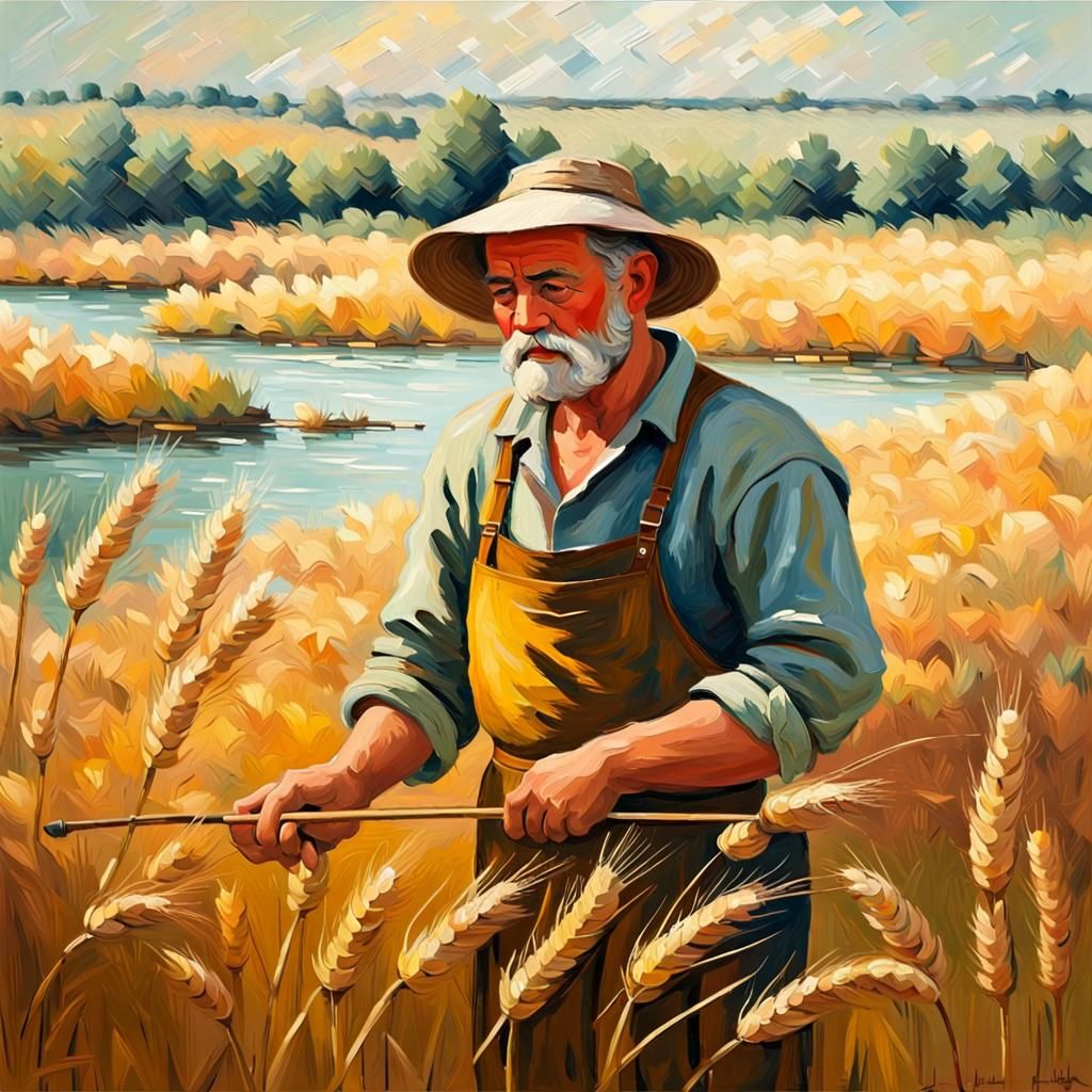 Farmer in Wheat Field: Abstract Impressionist Masterpiece