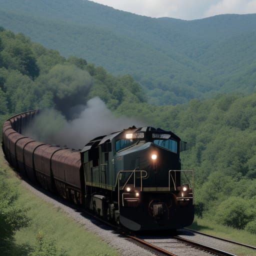 Train carrying coal. Moving, hitting, dappled natural light ...