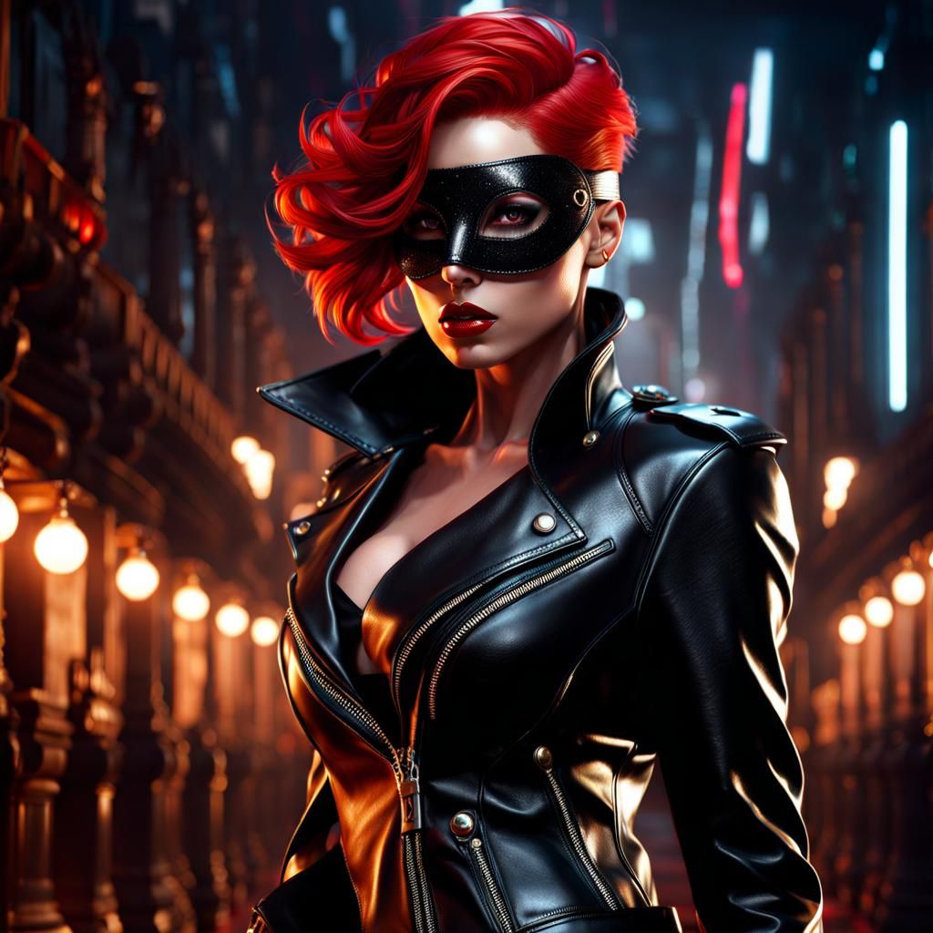 Masked Woman in Leather Outfit at Night