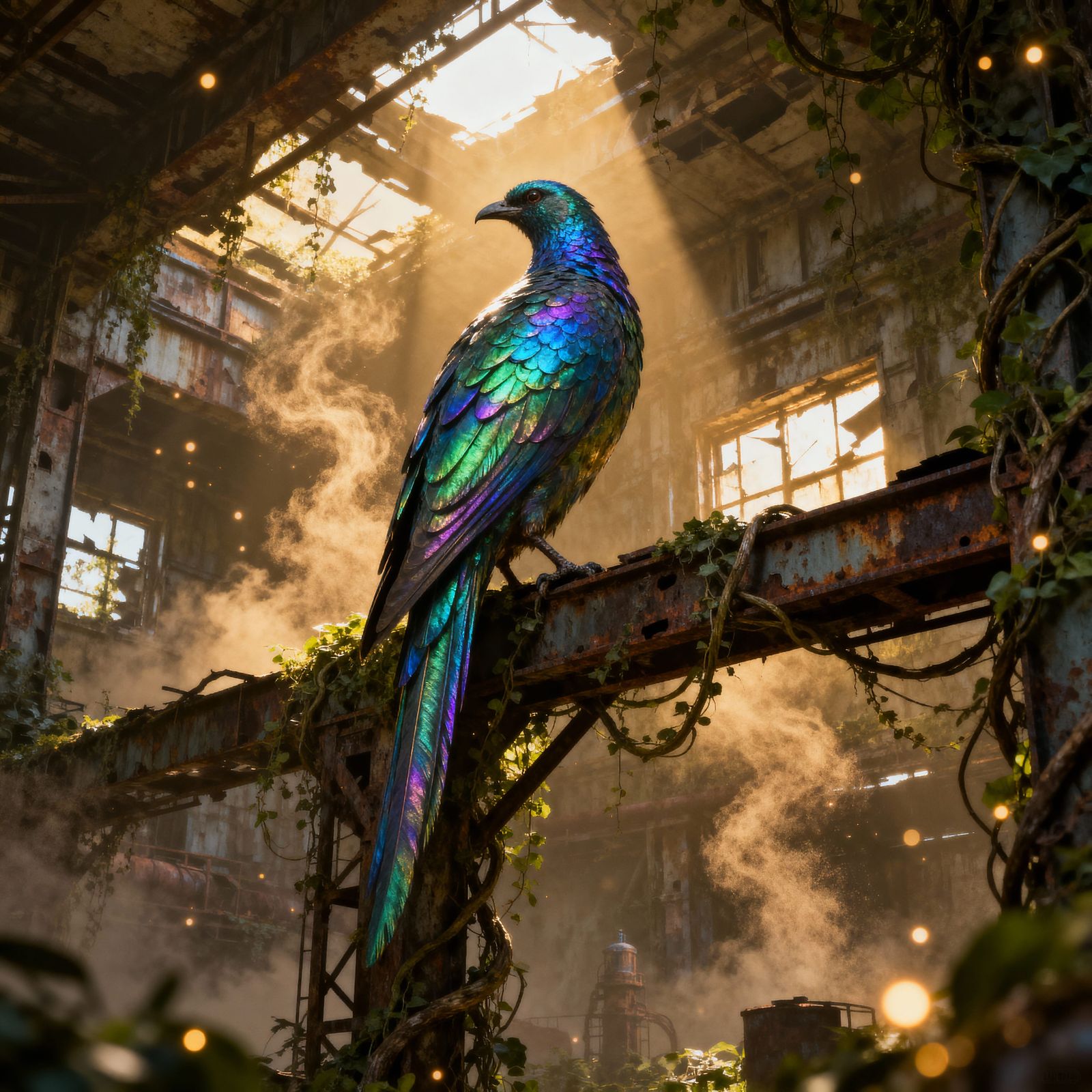 Giant Iridescent Bird on Overgrown Industrial Structure