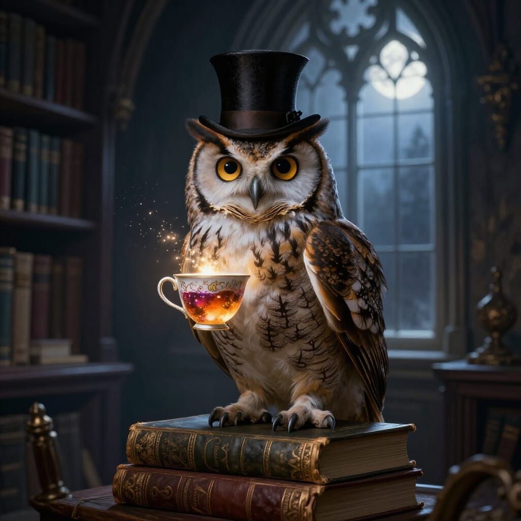 Majestic Owl in Top Hat with Teacup in Gothic Library
