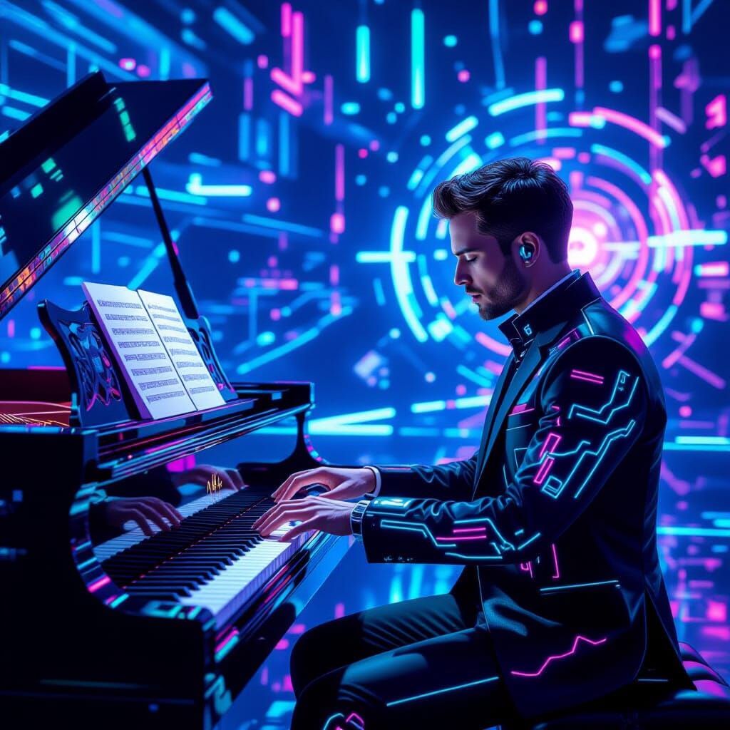 Cyberpunk Pianist Plays Holographic Piano in Neon Light