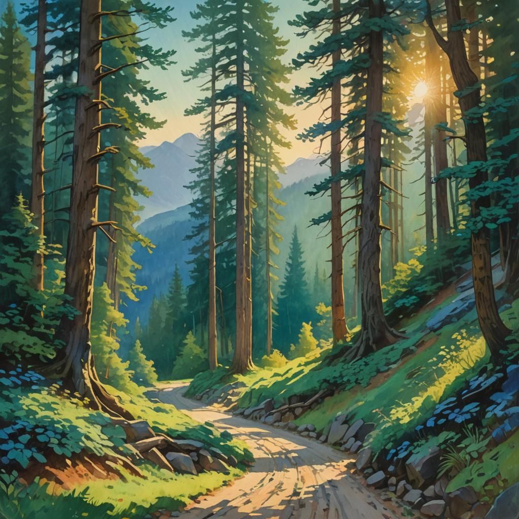Lush Mountain Road in Impressionist Gouache